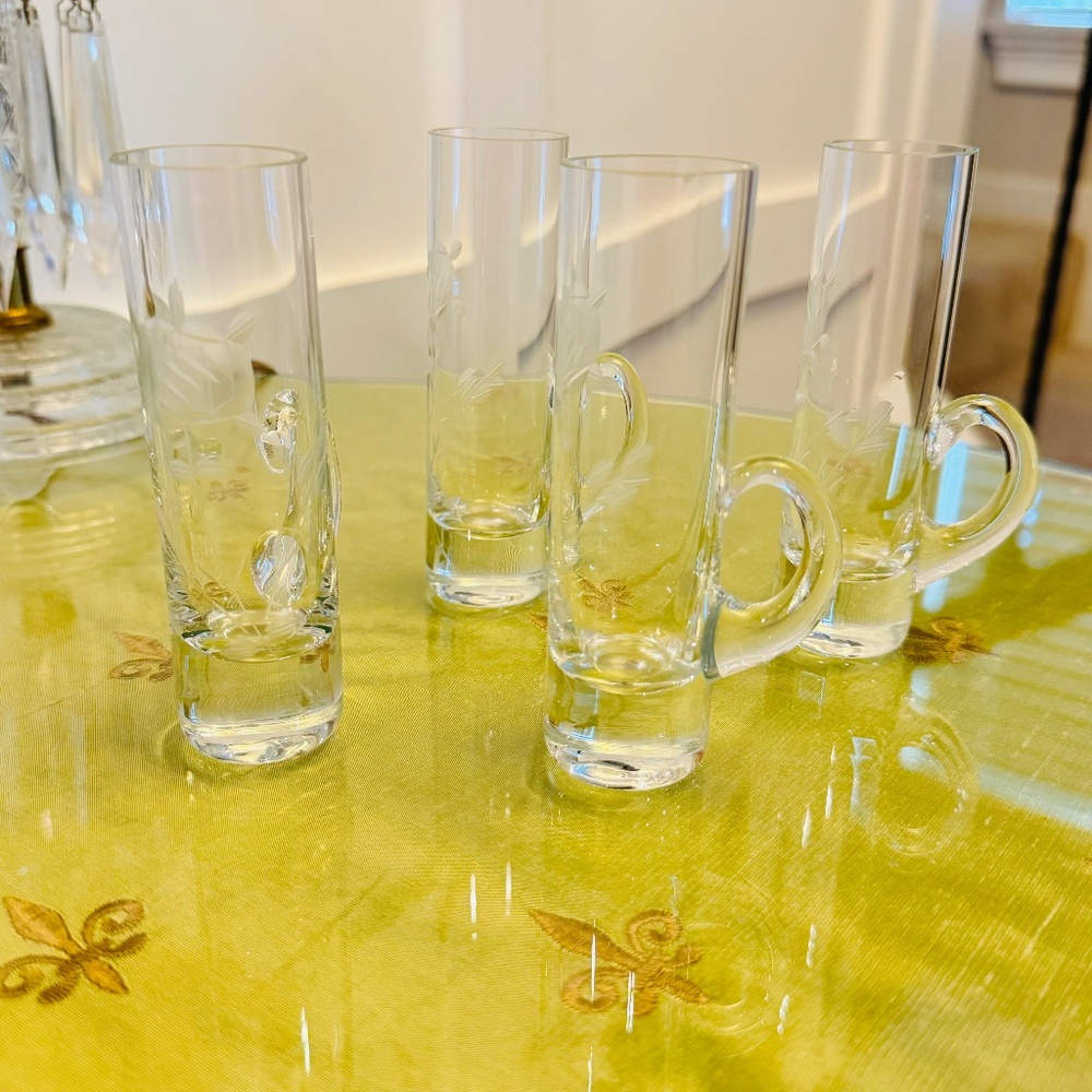 Set 4 Etched Clear Glass Floral Rose Design Cordial Vodka Shot Glasses Handles